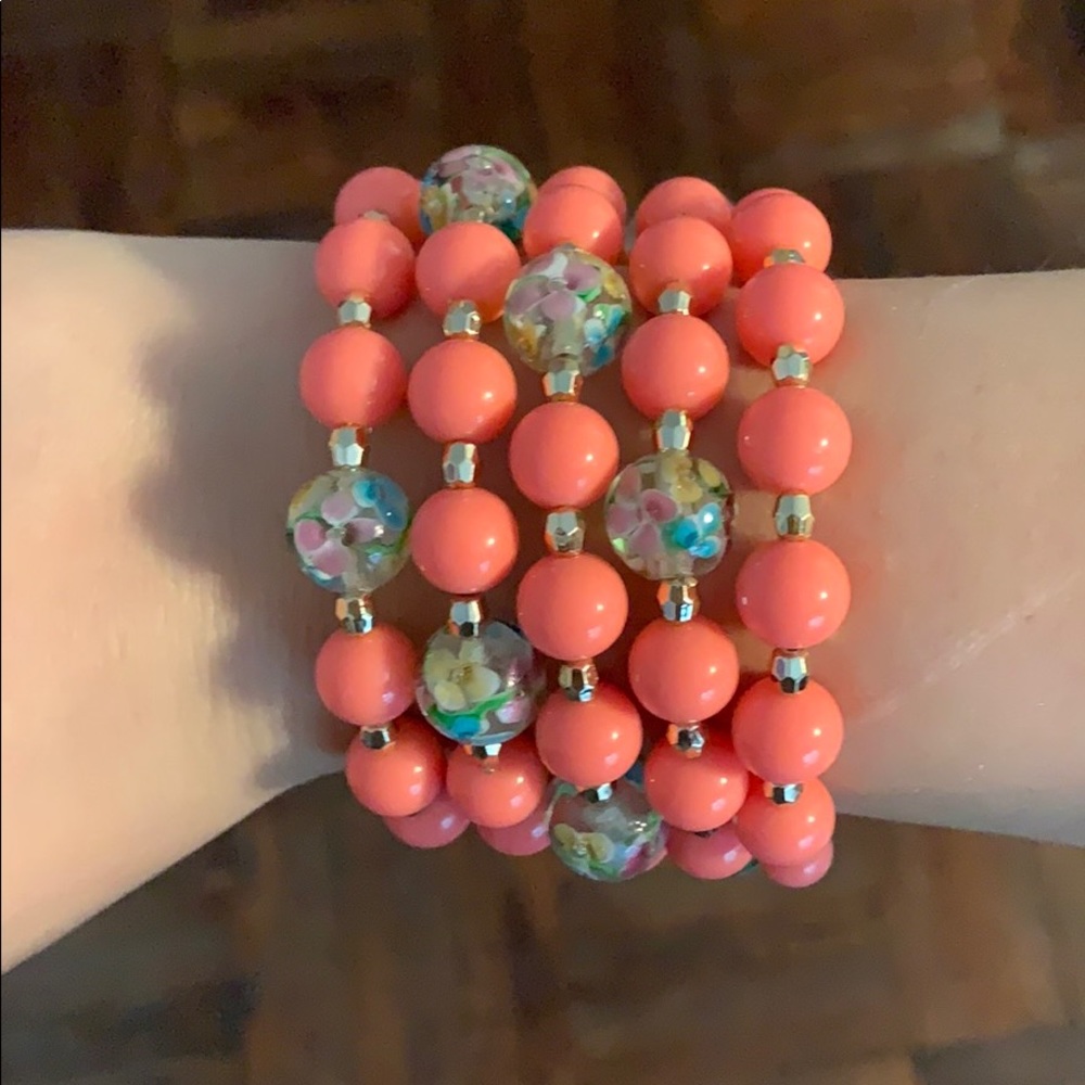 Coral beaded wrap bracelet w/ floral accent beads